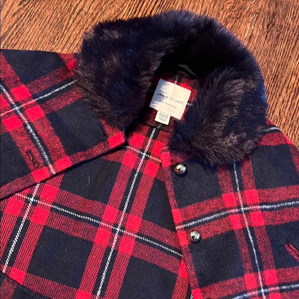 Janie and Jack Red and Black Plaid Cape with Faux Fur Collar